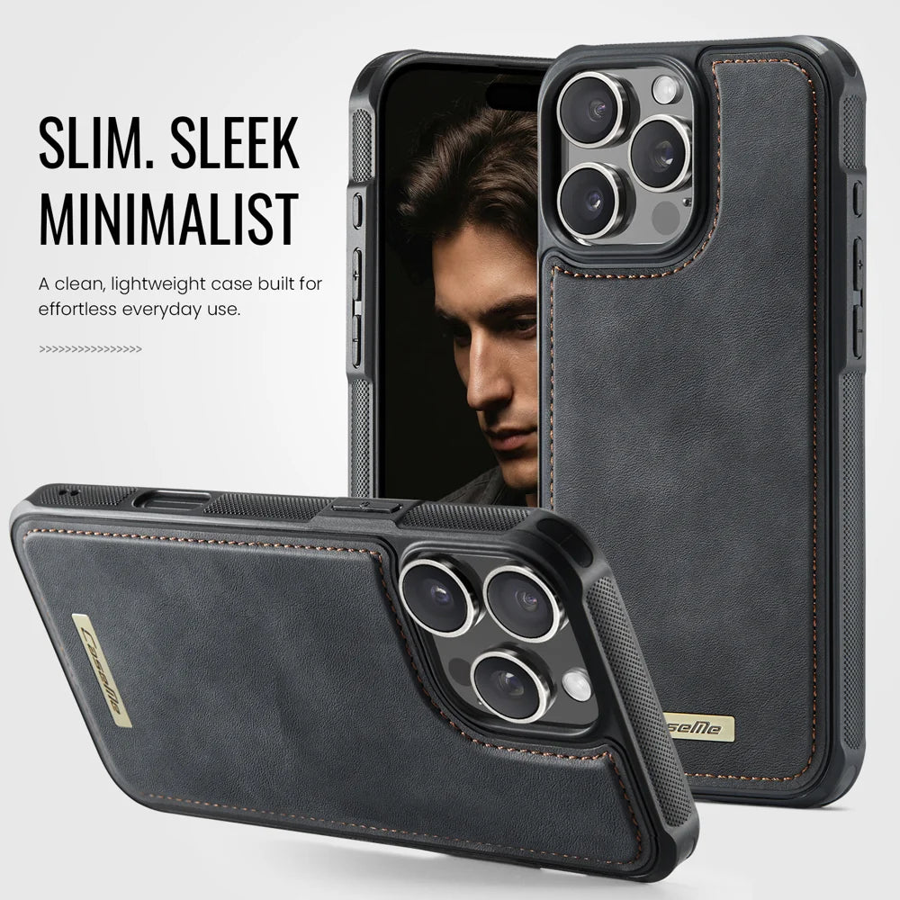 CaseMe For iPhone 16 Pro C69 Series Magnetic Case Leather Coated TPU Phone Cover - Black - 7