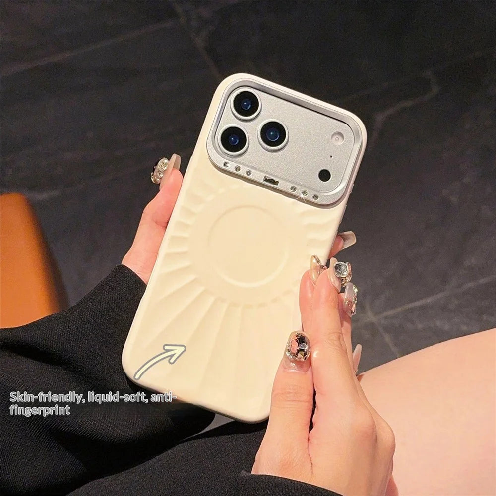 For iPhone 17 Pro Case Compatible with MagSafe Sun Pattern Rhinestone Metal Camera Frame Liquid Silicone Phone Cover - Beige - 2