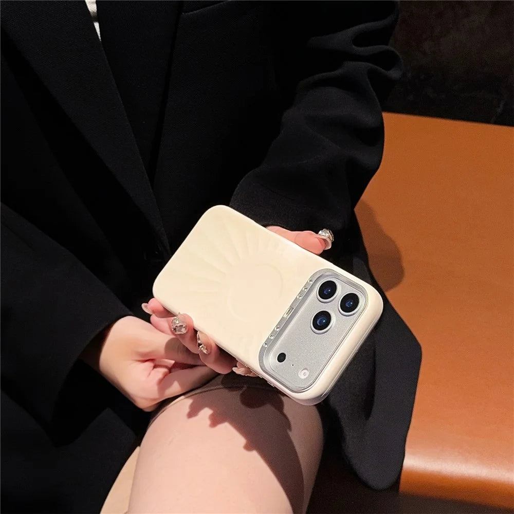 For iPhone 17 Pro Case Compatible with MagSafe Sun Pattern Rhinestone Metal Camera Frame Liquid Silicone Phone Cover - Beige - 4