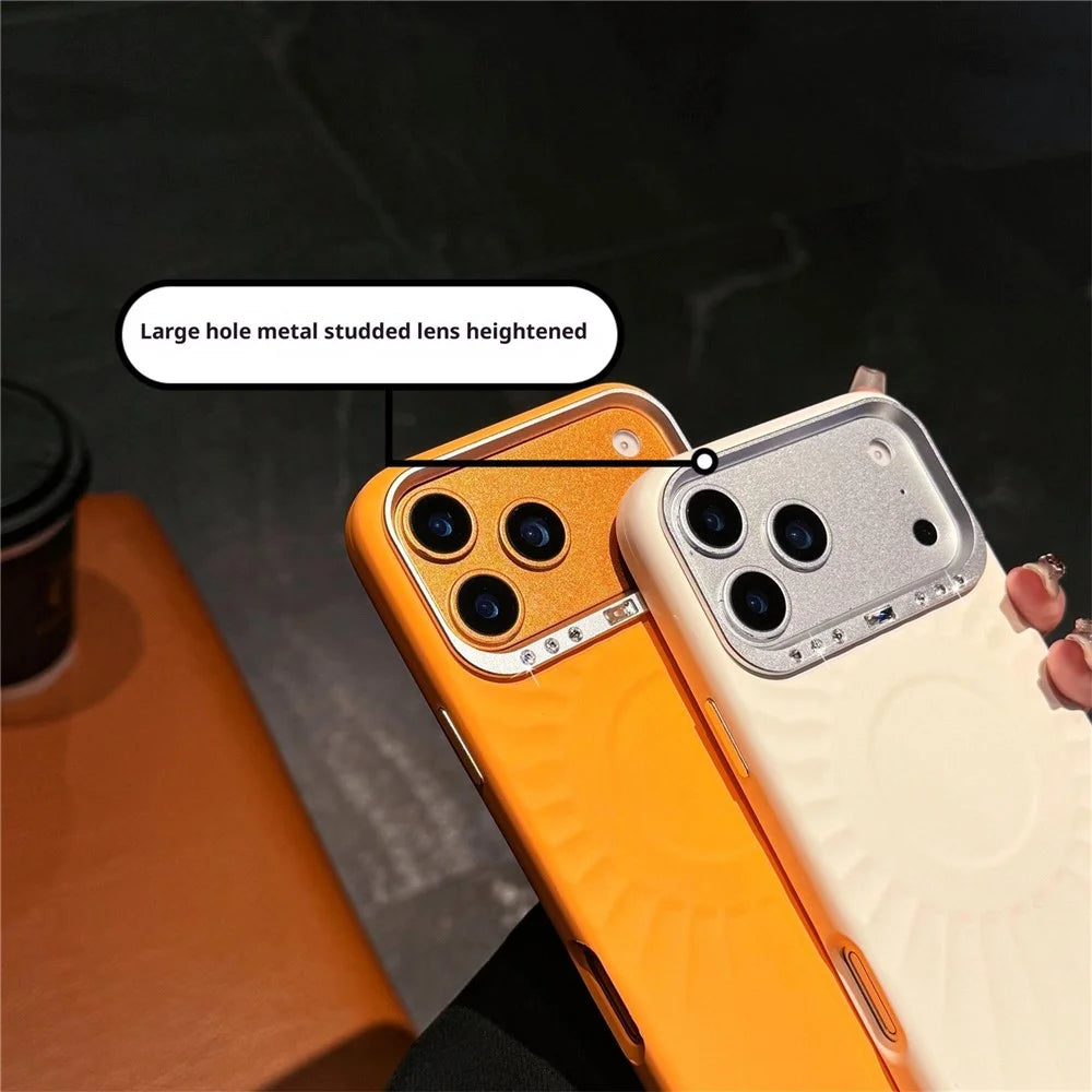 For iPhone 17 Pro Case Compatible with MagSafe Sun Pattern Rhinestone Metal Camera Frame Liquid Silicone Phone Cover - Beige - 5