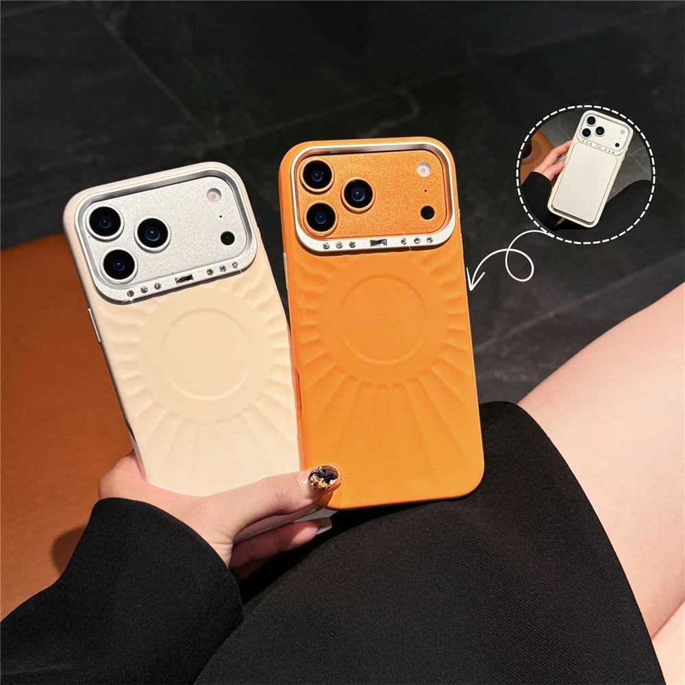 For iPhone 17 Pro Case Compatible with MagSafe Sun Pattern Rhinestone Metal Camera Frame Liquid Silicone Phone Cover - Beige - 6