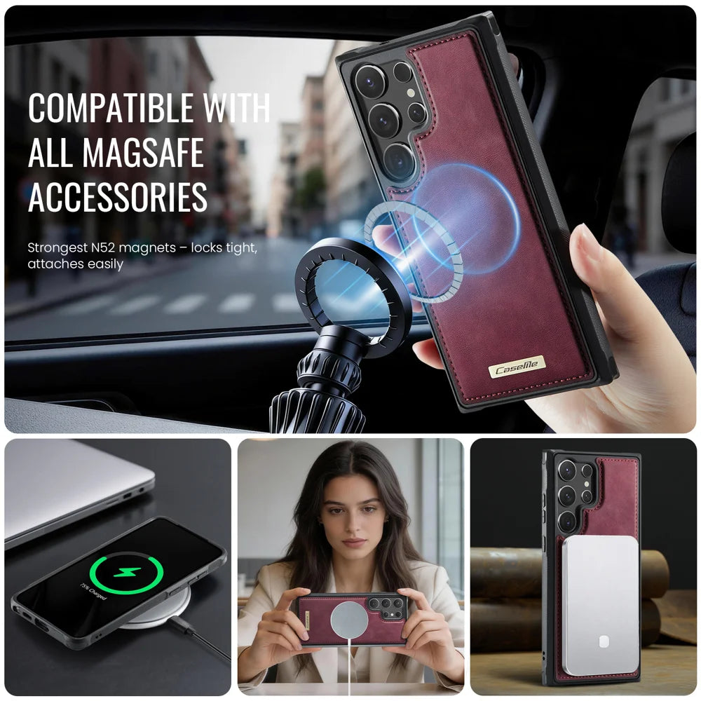 CaseMe For Samsung Galaxy S24 Ultra C69 Series Magnetic Case Leather Coated TPU Phone Cover - Red - 5