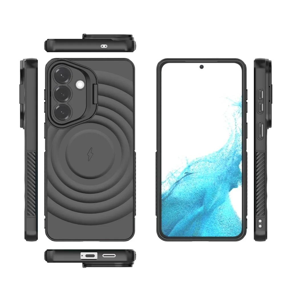 For Samsung Galaxy S26+ Magnetic Case PC Kickstand Ripple Texture TPU Phone Cover - Black - 6