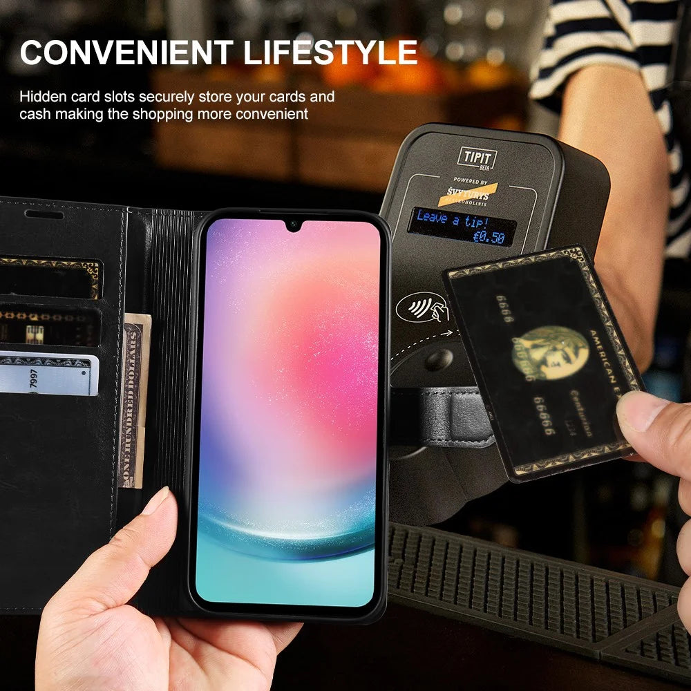 For Samsung Galaxy A24 5G Wallet Case Crazy Horse Texture Leather Flip Phone Cover with Magnetic Closure - Black - 4