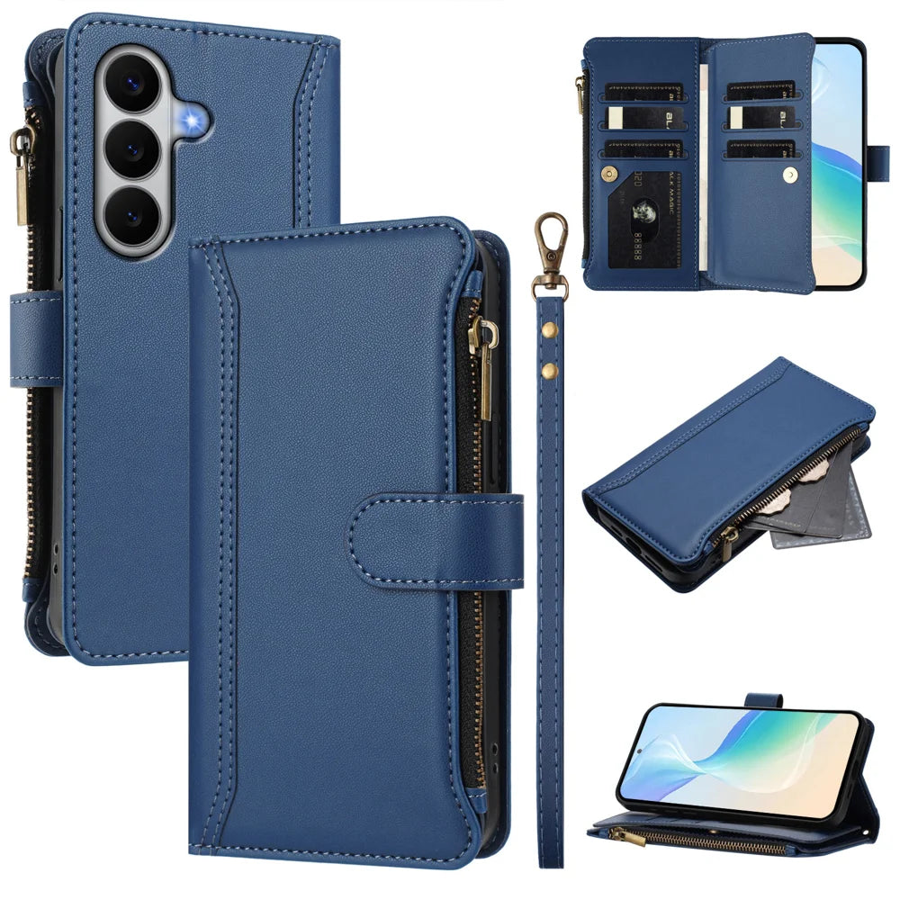 For Samsung Galaxy A27 5G Leather Case 9 Card Slots Zipper Wallet Stand Phone Cover with Wrist Strap - Dark Blue - 1