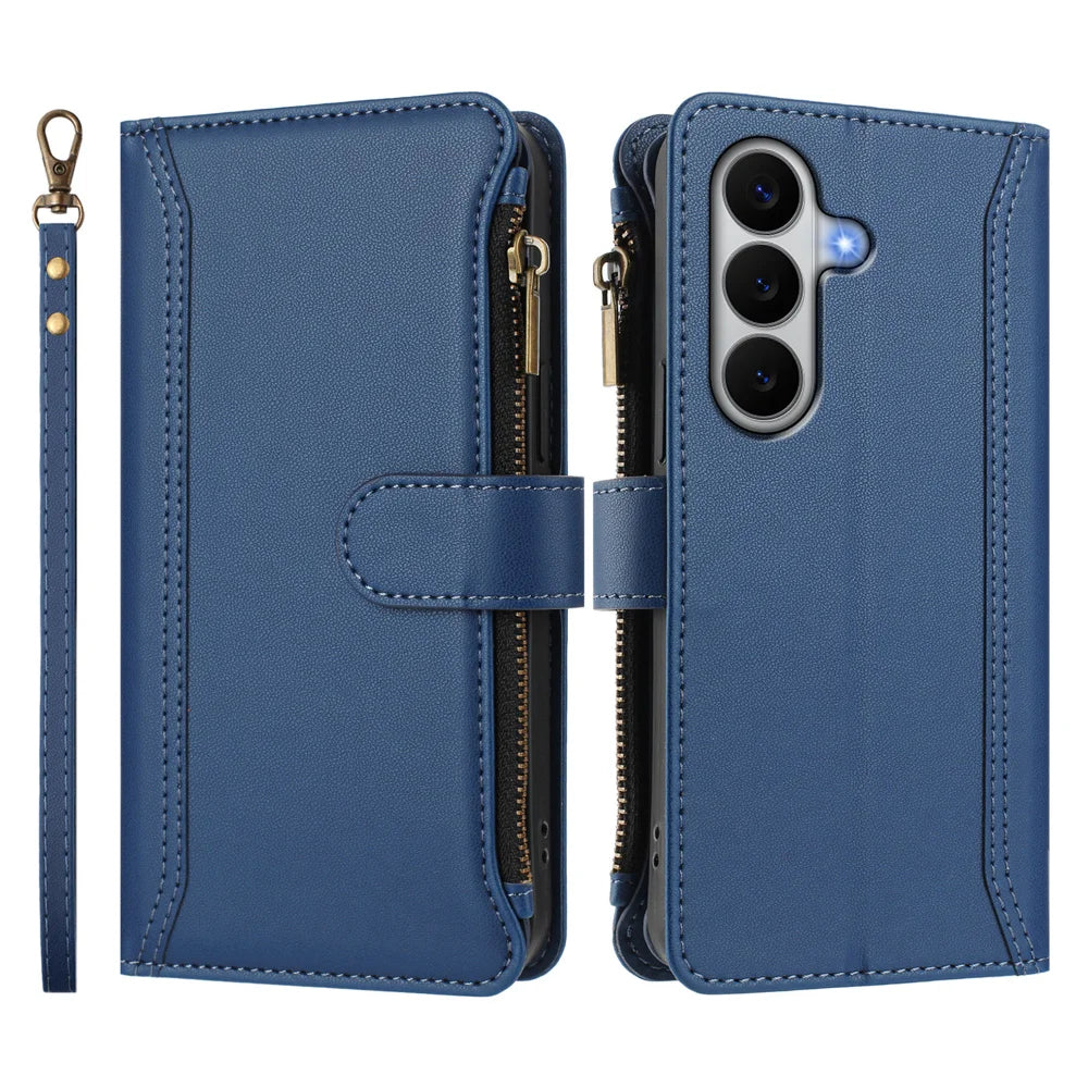 For Samsung Galaxy A27 5G Leather Case 9 Card Slots Zipper Wallet Stand Phone Cover with Wrist Strap - Dark Blue - 3