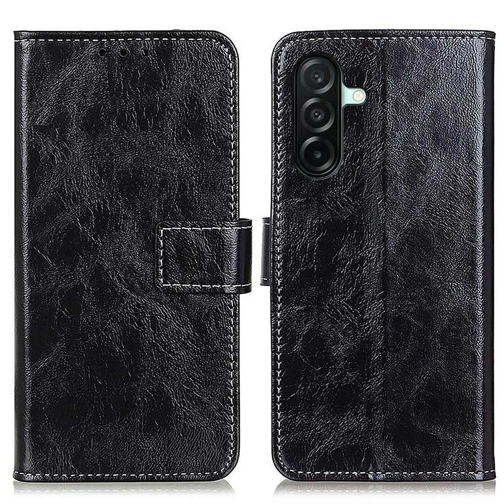 For Samsung Galaxy A27 5G Case Wallet Leather Phone Cover Crazy Horse Texture - Black - 1
