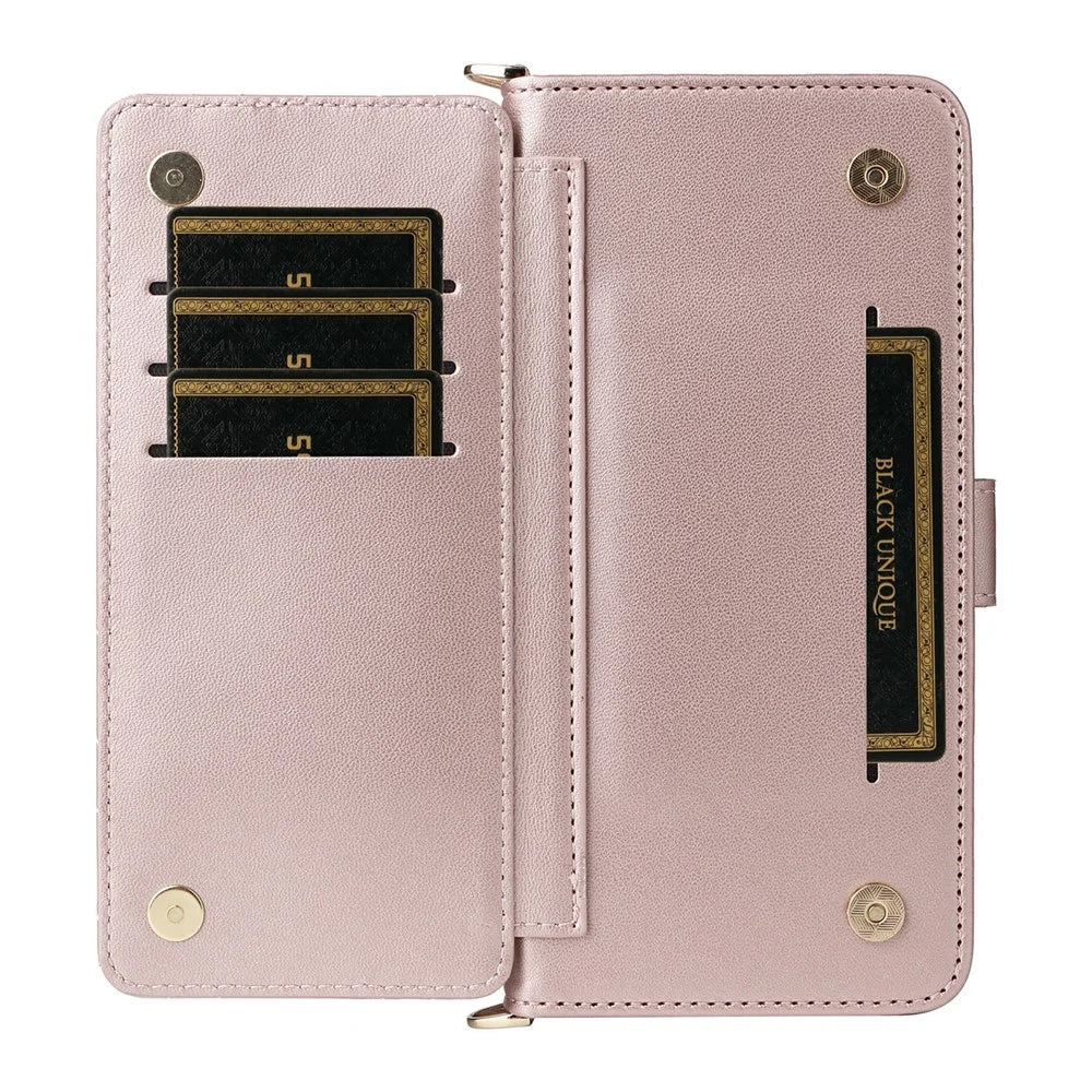 For TCL K70 SE 4G Leather Case Stand Wallet Phone Cover with Shoulder  /  Wrist Strap - Pink - 3