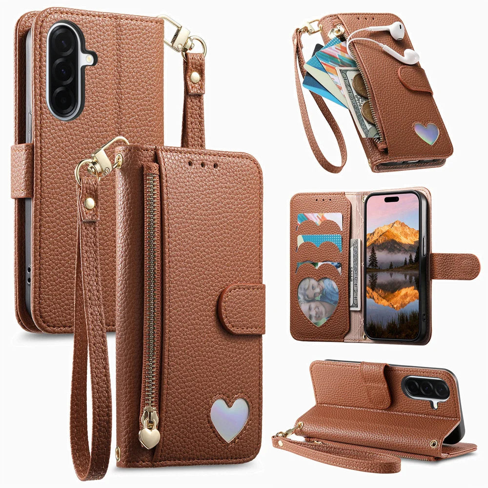 For Samsung Galaxy A27 5G Case Zipper Pocket  TPU PU Leather Wallet Phone Cover with Strap - Brown - 1