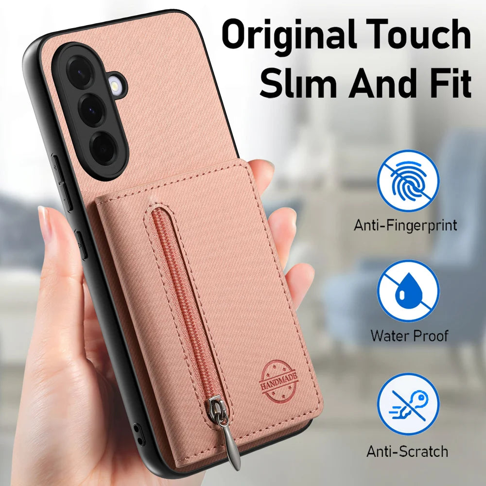 For Samsung Galaxy A27 5G Phone Case Zipper Card Holder Kickstand Jeans Cloth Texture Leather Back Cover - Pink - 6