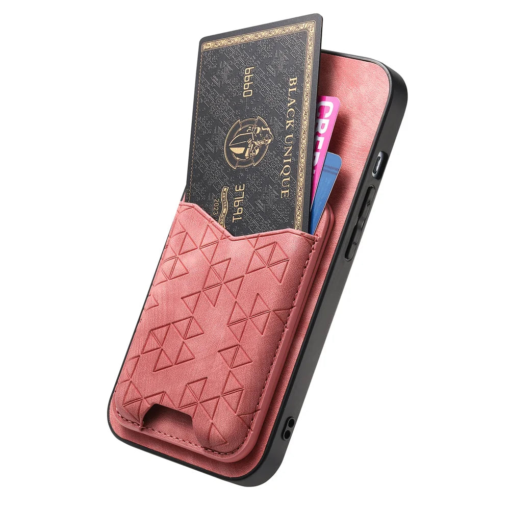 For Samsung Galaxy A27 5G Case Imprinted Pattern Card Holder Kickstand Leather Back Cover - Pink - 3