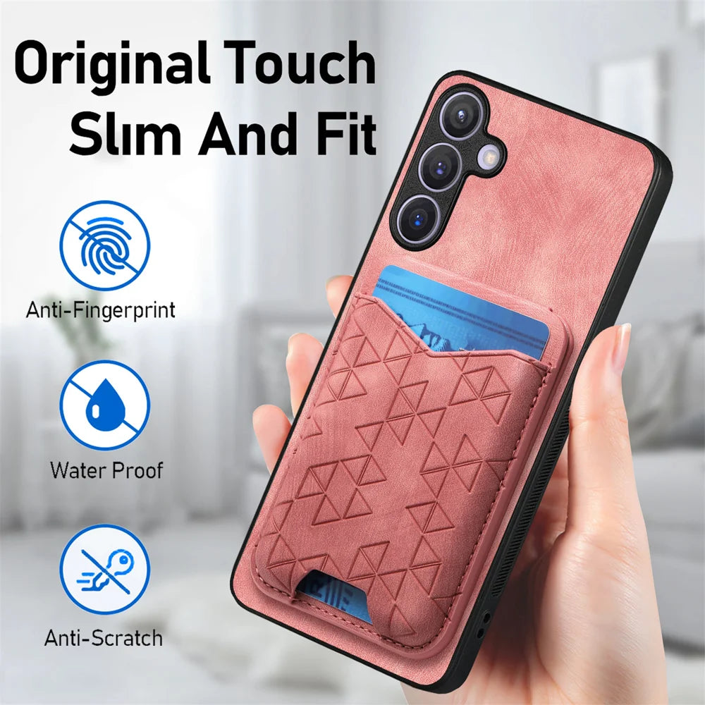 For Samsung Galaxy A27 5G Case Imprinted Pattern Card Holder Kickstand Leather Back Cover - Pink - 6