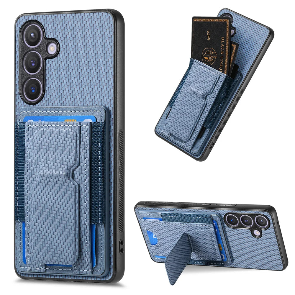 For Samsung Galaxy A27 5G Case with Card Holder Kickstand Fiber Pattern Leather Back Cover - Blue - 1