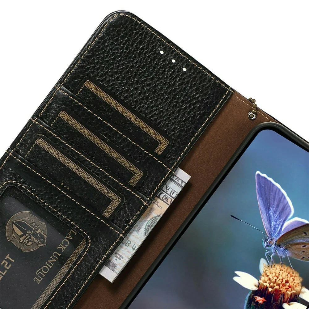 For OnePlus 15T 5G Case RFID Blocking Genuine Cow Leather Phone Cover Litchi Texture - Black - 5