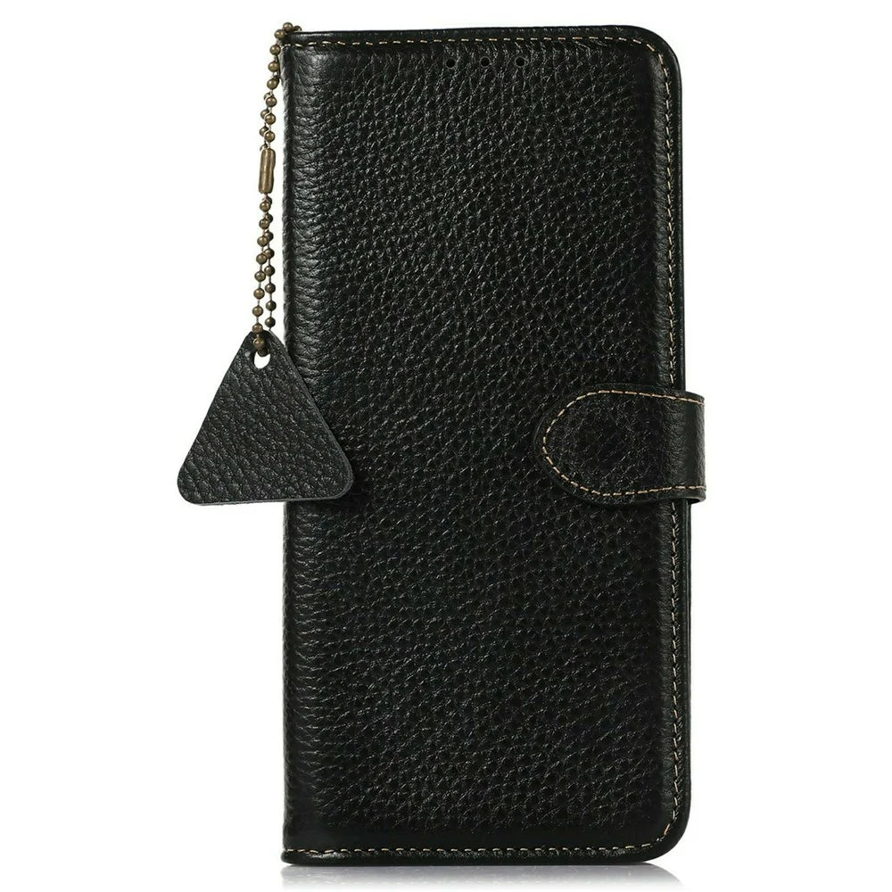 For OnePlus 15T 5G Case RFID Blocking Genuine Cow Leather Phone Cover Litchi Texture - Black - 6