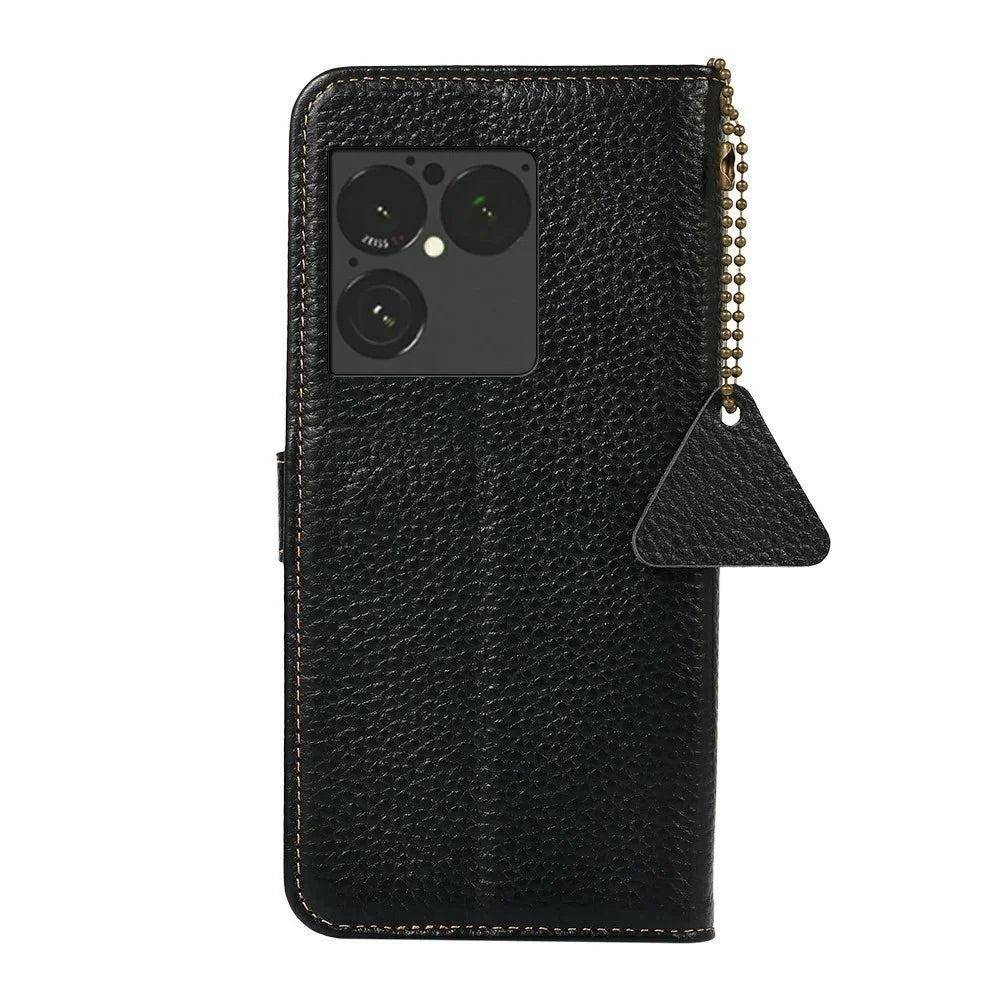 For Sony Xperia 1 VIII Case RFID Blocking Genuine Cow Leather Phone Cover Litchi Texture - Black - 7