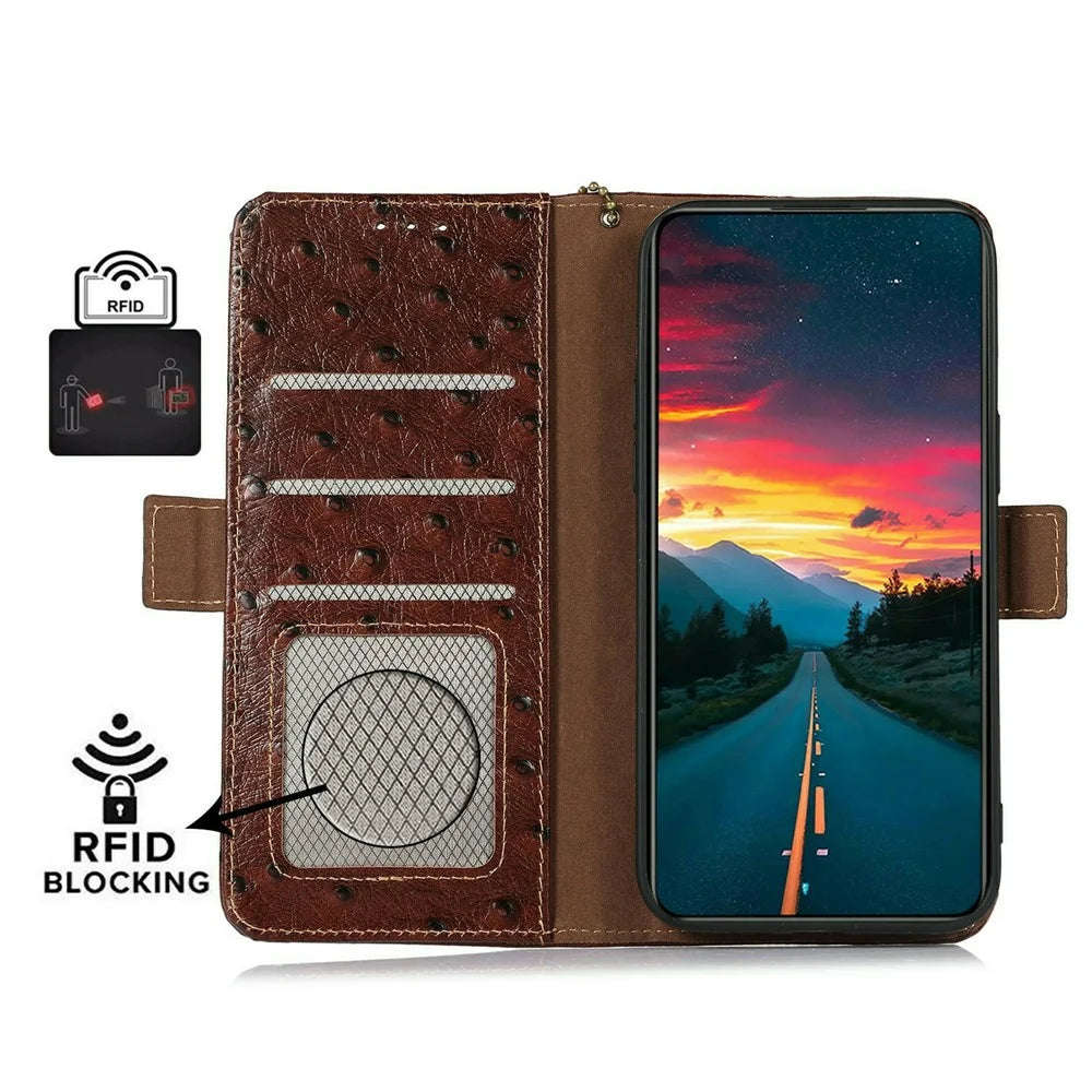 For Sony Xperia 1 VIII Case RFID Blocking Genuine Cow Leather Phone Case Ostrich Texture - Coffee - 4