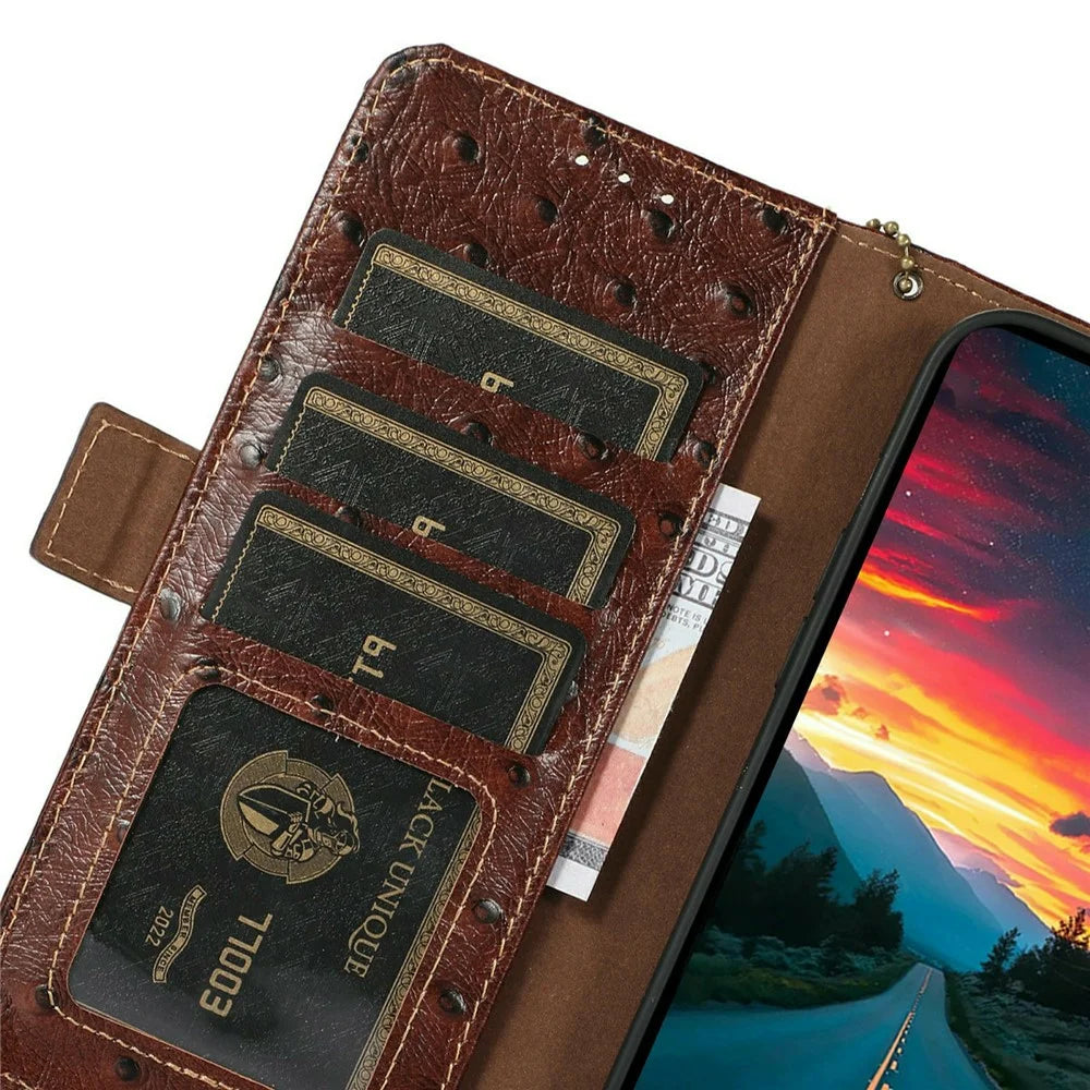 For Sony Xperia 1 VIII Case RFID Blocking Genuine Cow Leather Phone Case Ostrich Texture - Coffee - 5