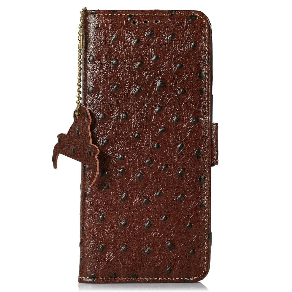 For Sony Xperia 1 VIII Case RFID Blocking Genuine Cow Leather Phone Case Ostrich Texture - Coffee - 6