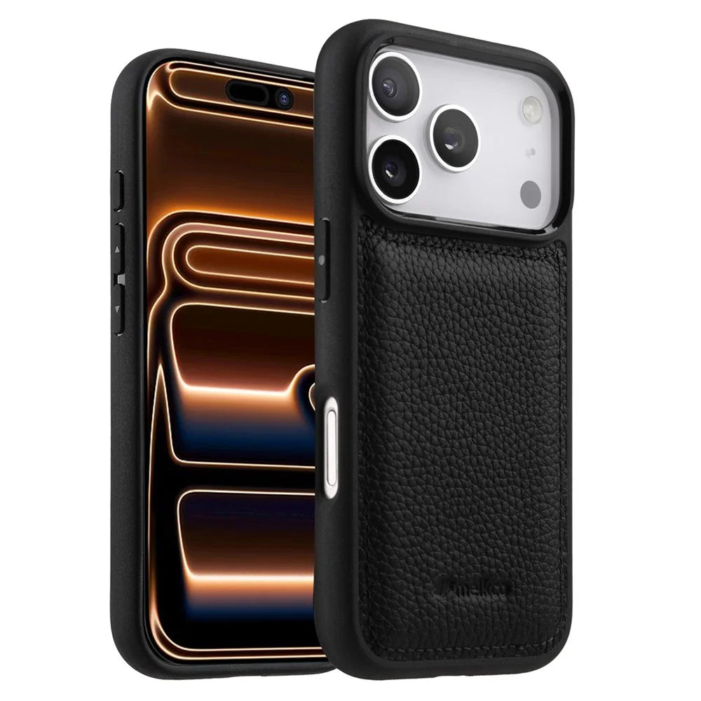 MELKCO For iPhone 17 Pro Case Genuine Cow Leather Coated PC Phone Cover - Black - 1