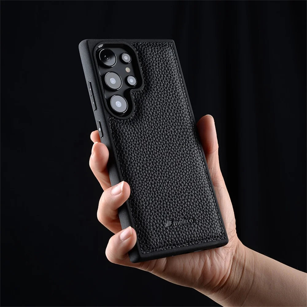 MELKCO For Samsung Galaxy S25 Ultra Case Genuine Cow Leather Coated PC Phone Cover - Orange - 5
