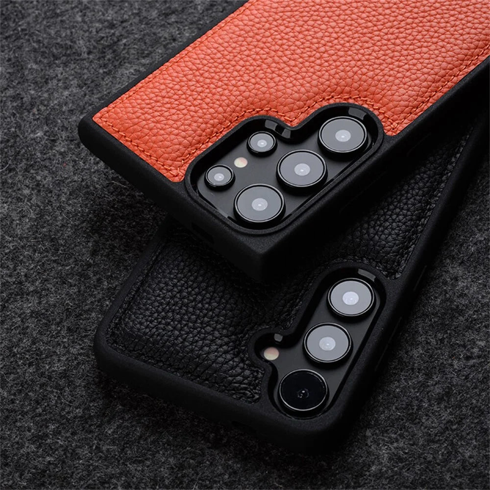 MELKCO For Samsung Galaxy S24 Ultra Case Genuine Cow Leather Coated PC Phone Cover - Orange - 3