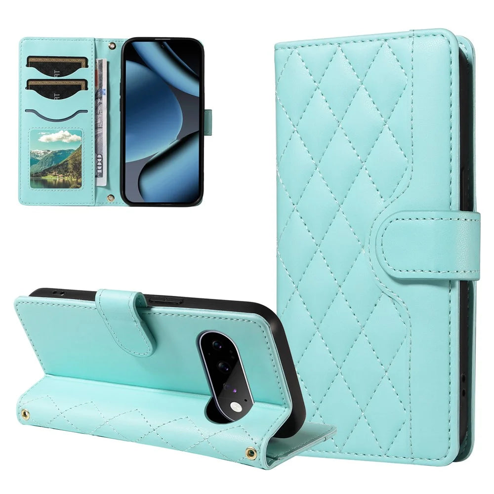 For Google Pixel 11 Pro Wallet Case Rhombus Leather Phone Cover with Strap - Green - 3
