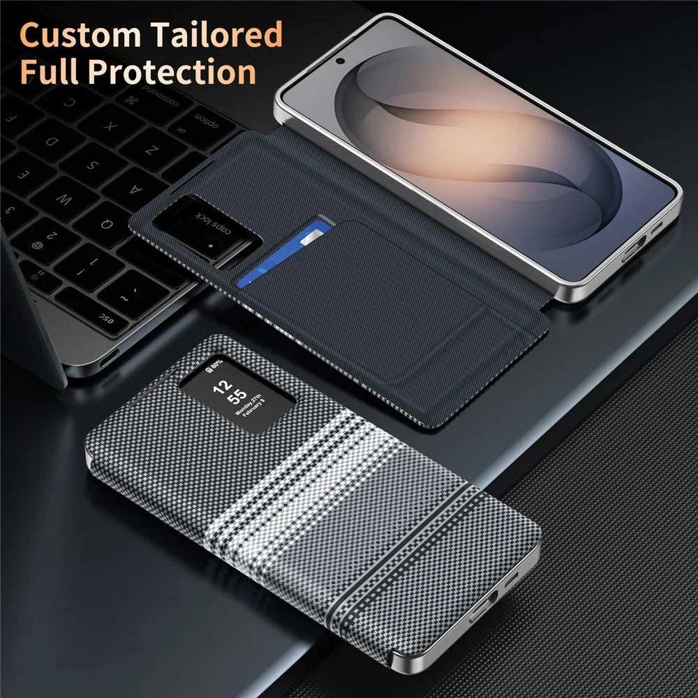 For Samsung Galaxy S25 Case Card Slot View Window Gradient Color Checkered Pattern Leather Phone Cover - Black - 3