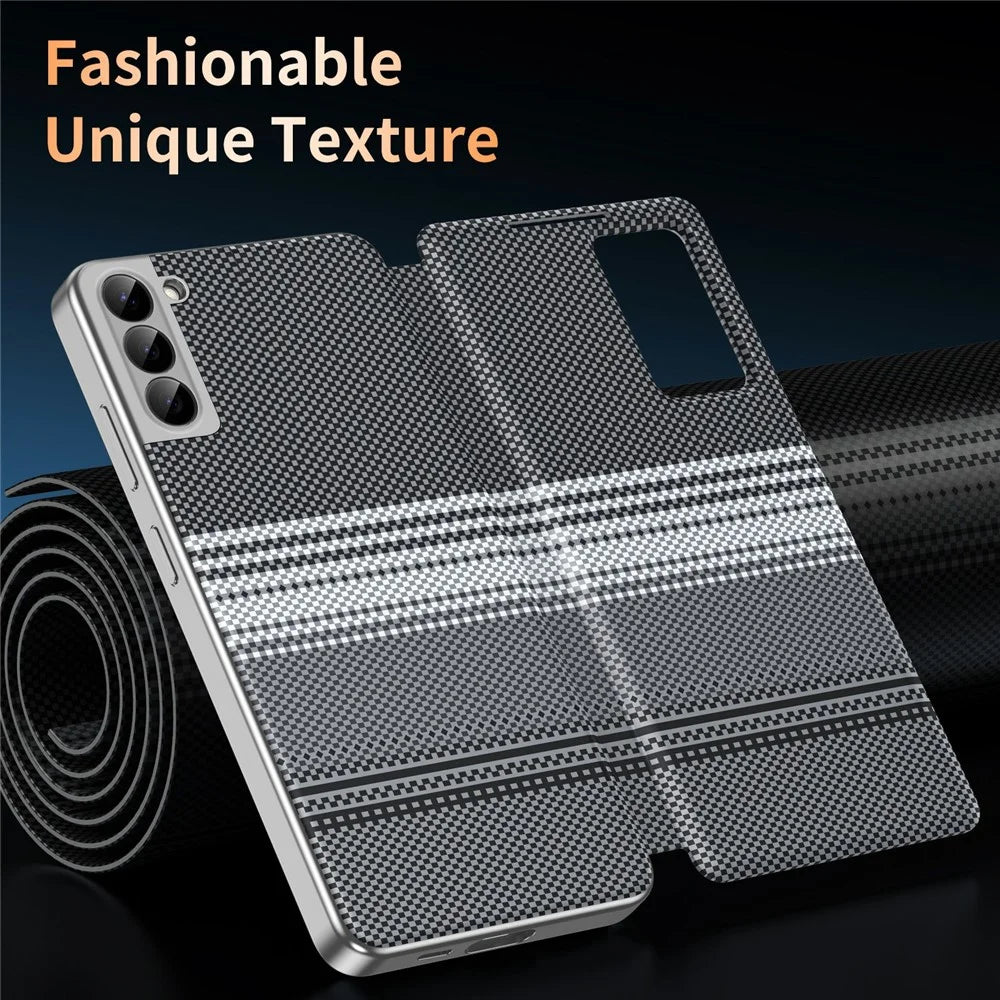 For Samsung Galaxy S22+ 5G Case Card Slot View Window Gradient Color Checkered Pattern Leather Phone Cover - Black - 7