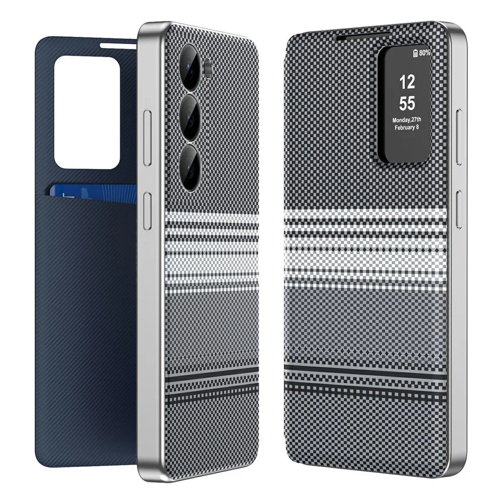 For Samsung Galaxy S23 Case Card Slot View Window Gradient Color Checkered Pattern Leather Phone Cover - Black - 1