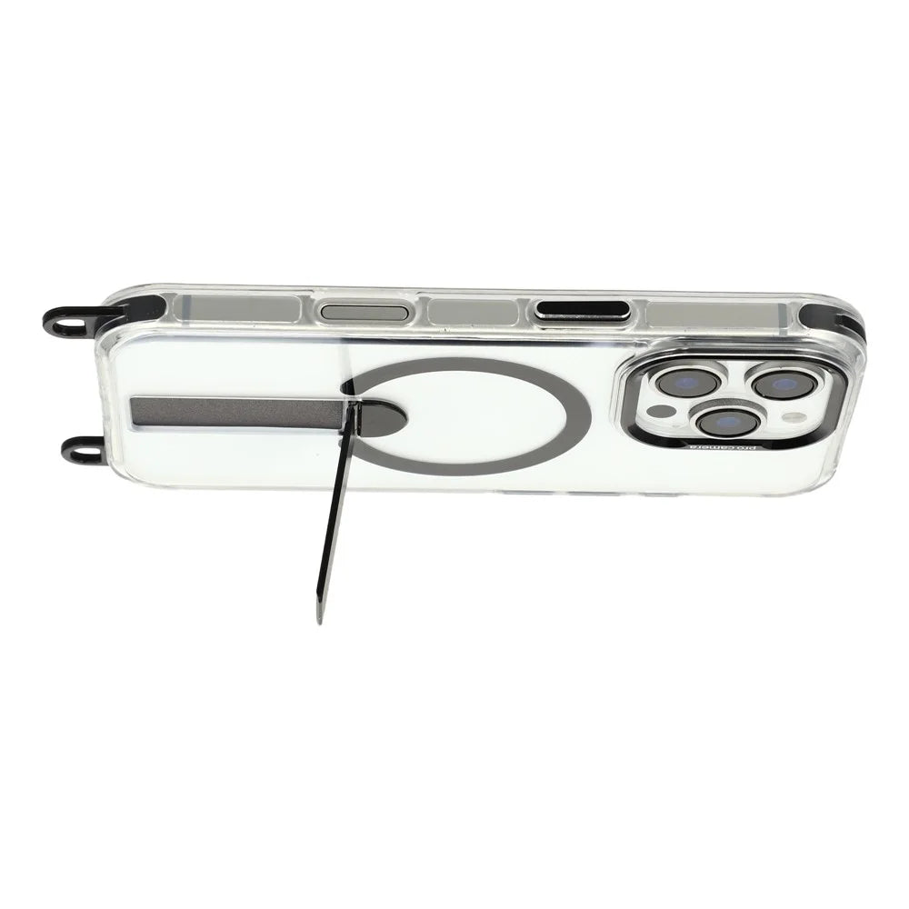 For iPhone 16 Pro Max Magnetic Case Kickstand PC TPU Phone Cover with 30cm Short Strap / 120cm Long Strap - Black - 4