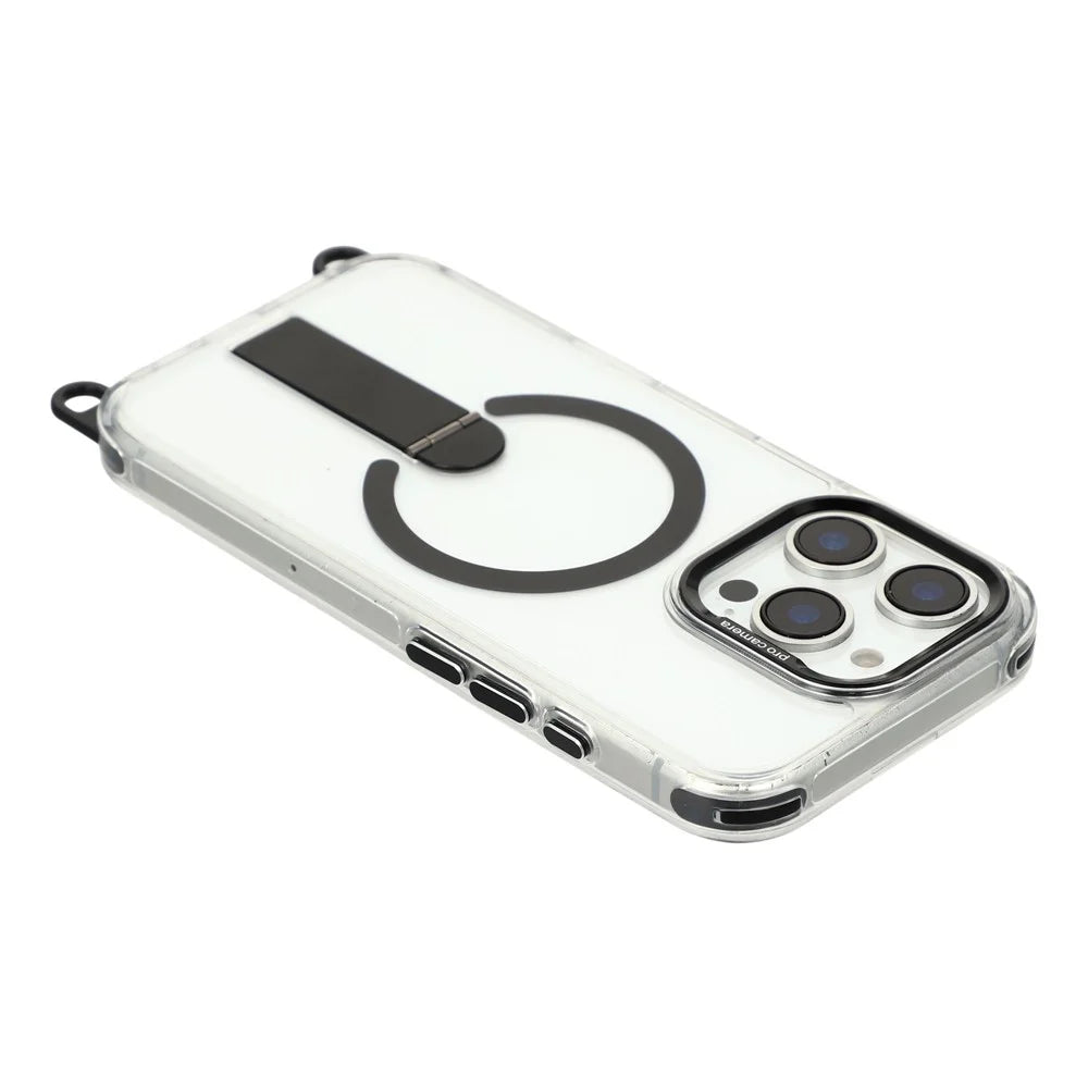 For iPhone 16 Pro Max Magnetic Case Kickstand PC TPU Phone Cover with 30cm Short Strap / 120cm Long Strap - Black - 6