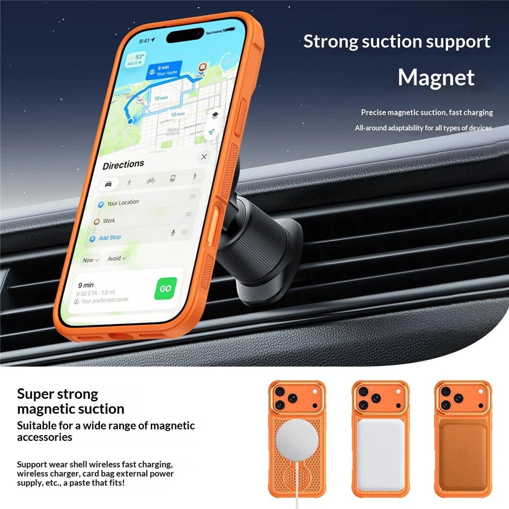 For iPhone 17 Pro Magnetic Case with 360° Rotating Ring Kickstand Heat Dissipation Honeycomb PC TPU Cover Compatible with Magsafe - Orange - 5
