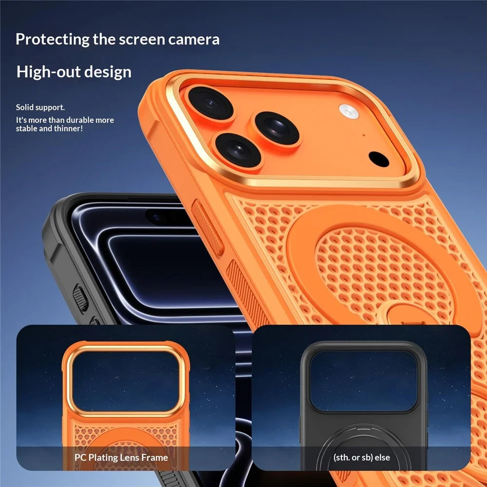 For iPhone 17 Pro Magnetic Case with 360° Rotating Ring Kickstand Heat Dissipation Honeycomb PC TPU Cover Compatible with Magsafe - Orange - 7