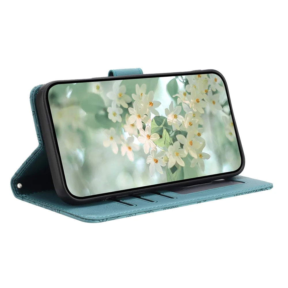For Samsung Galaxy A27 5G Case Flower Imprint Leather Flip Wallet Phone Cover with Wrist Strap - Blackish Green - 3