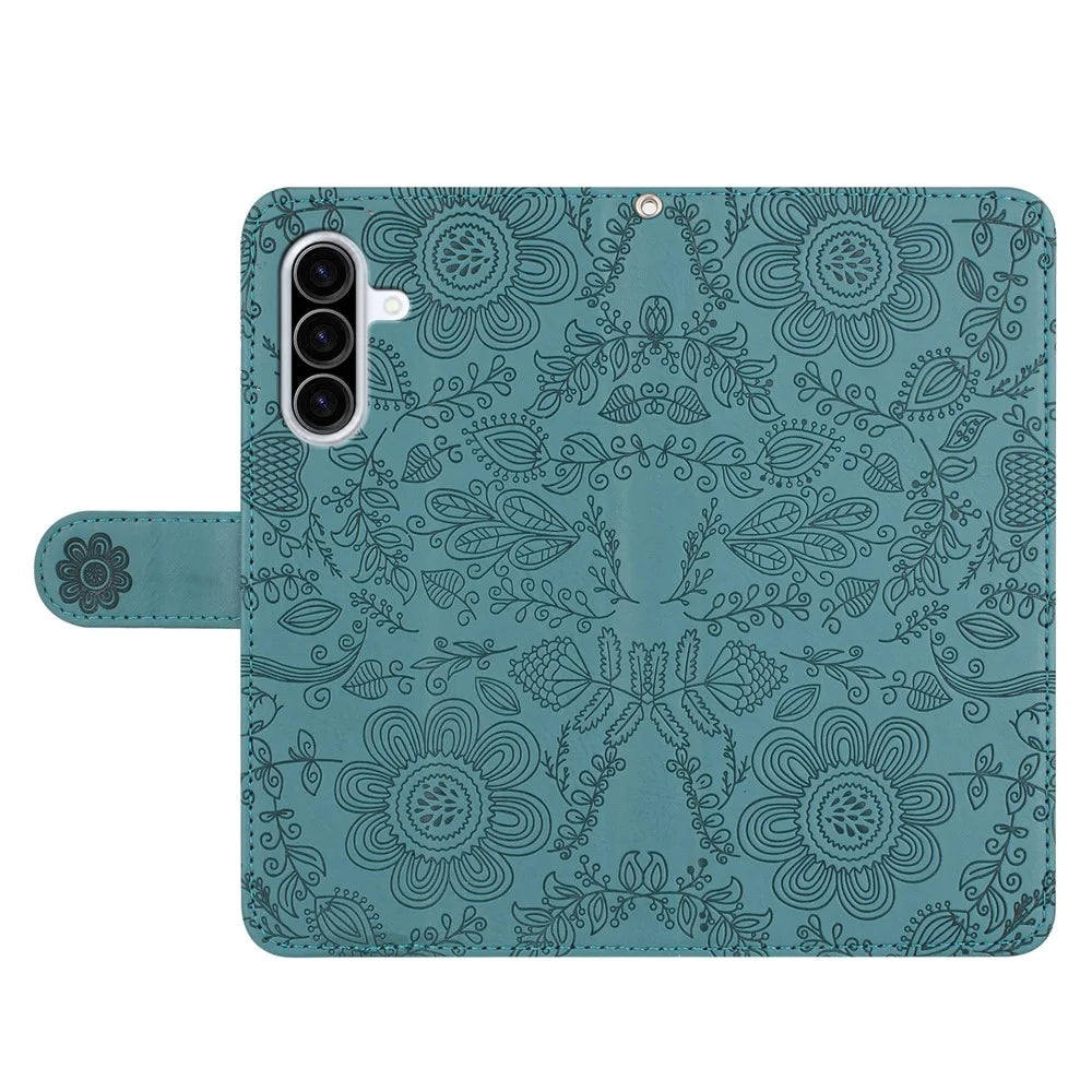 For Samsung Galaxy A27 5G Case Flower Imprint Leather Flip Wallet Phone Cover with Wrist Strap - Blackish Green - 4
