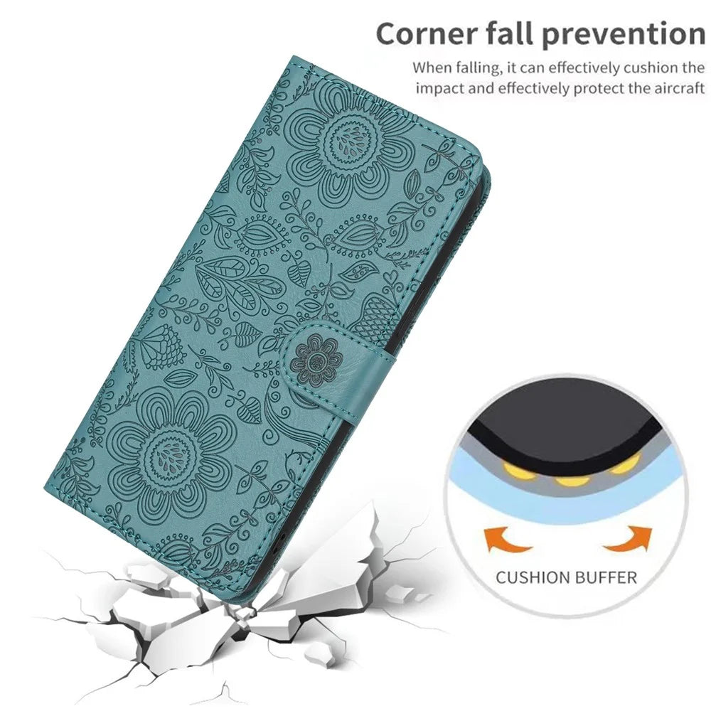 For Samsung Galaxy A27 5G Case Flower Imprint Leather Flip Wallet Phone Cover with Wrist Strap - Blackish Green - 5