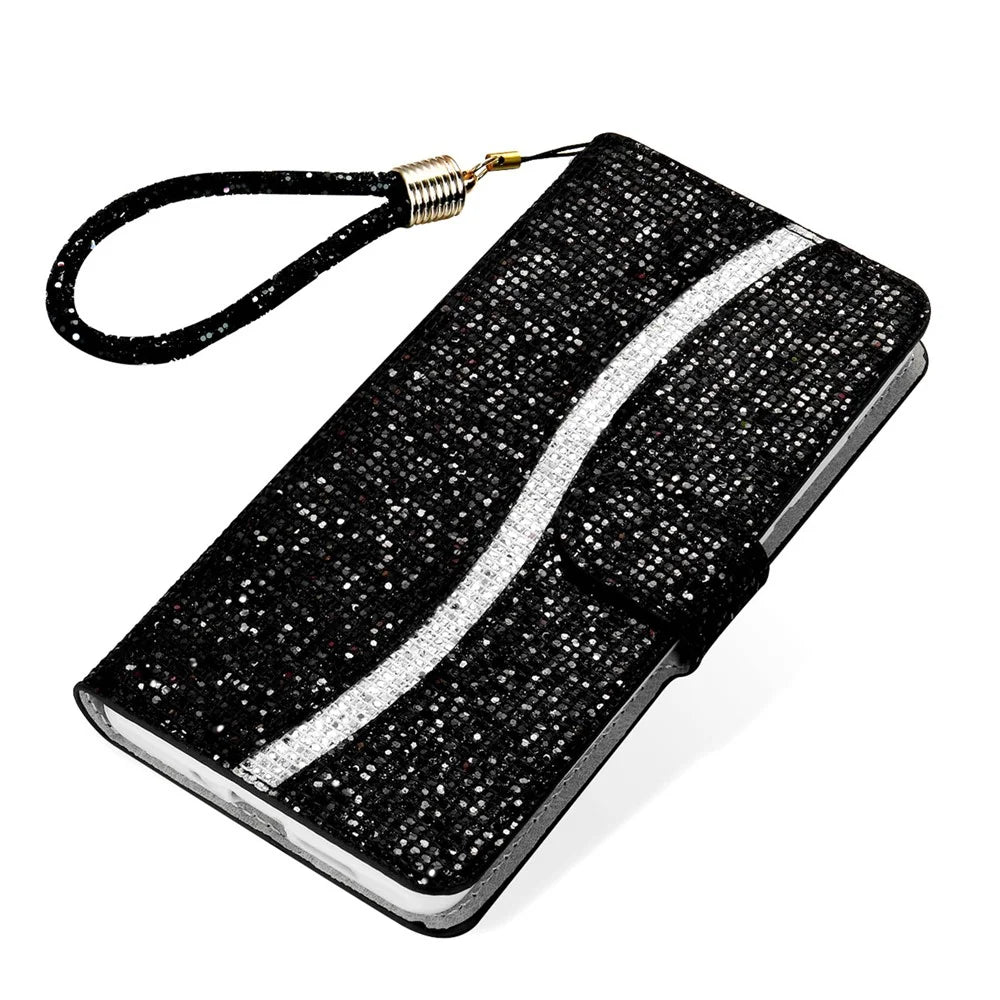 For Samsung Galaxy A27 5G Case PU Leather Wallet Card Slots Glitter Phone Cover - Black - 5
