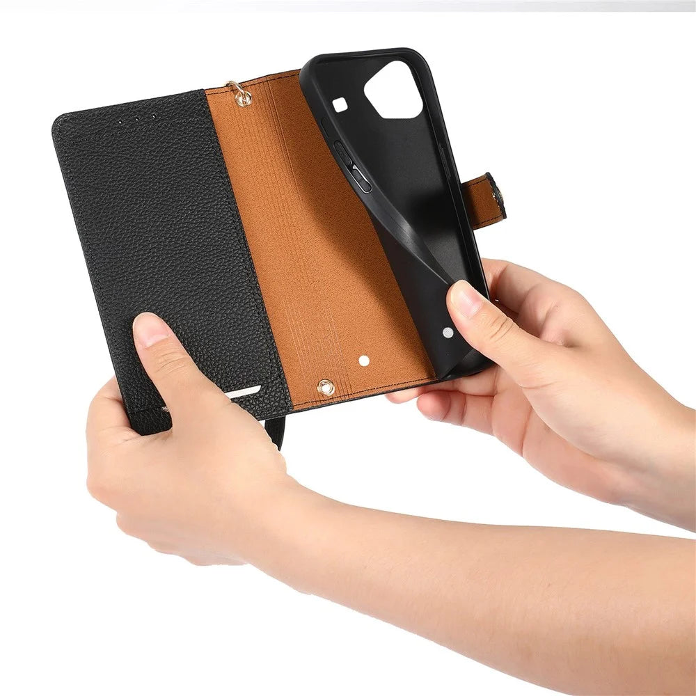 For Nothing Phone (3a) Lite 5G Case RFID Blocking Zipper Pocket Leather Wallet Phone Cover with Strap - Black - 4