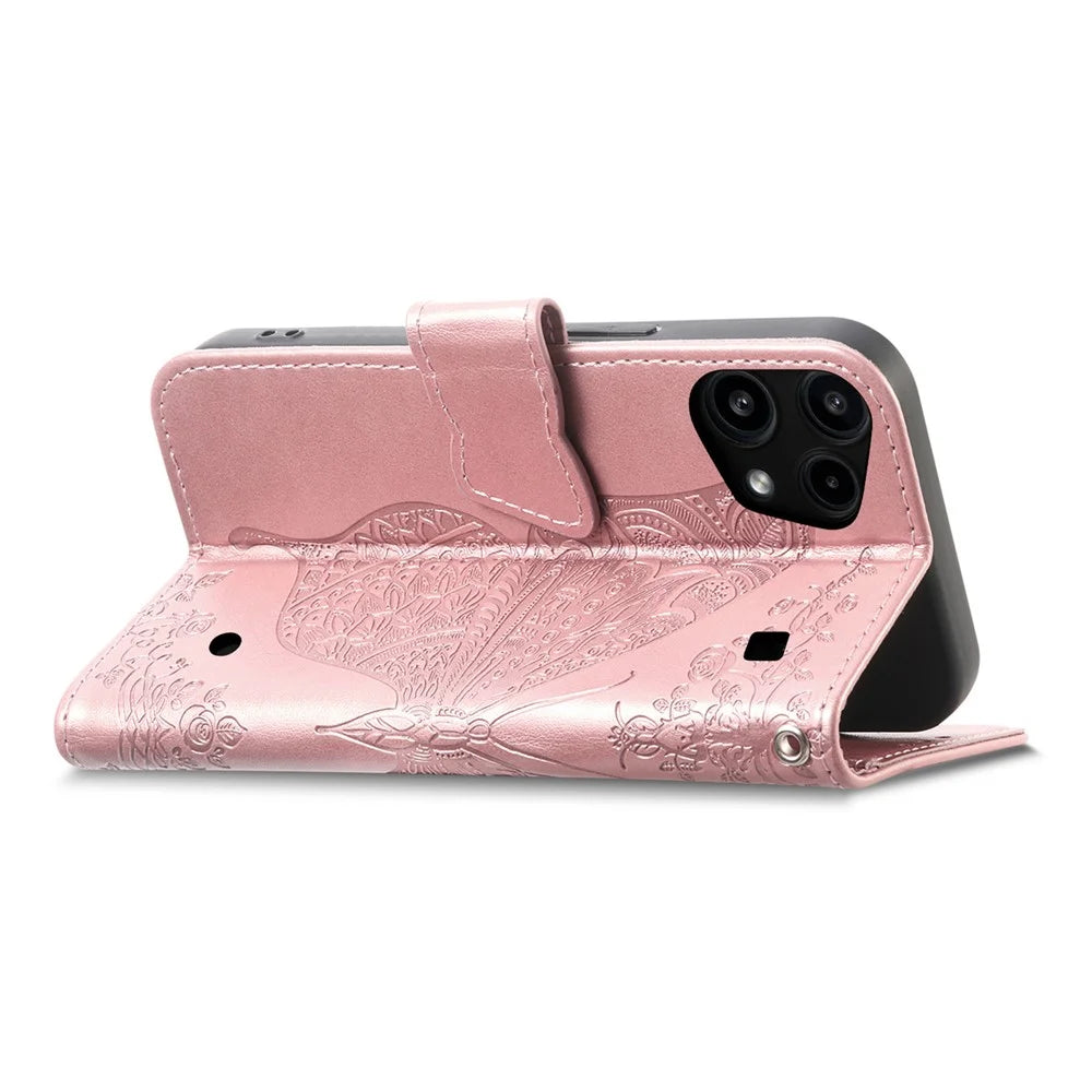 For Nothing Phone (3a) Lite 5G Case with Strap Butterfly Pattern PU Leather Wallet Phone Cover - Rose Gold - 3