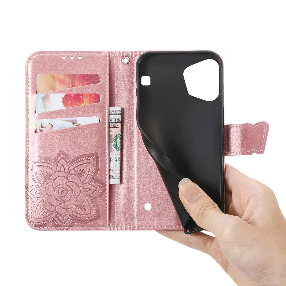For Nothing Phone (3a) Lite 5G Case with Strap Butterfly Pattern PU Leather Wallet Phone Cover - Rose Gold - 4