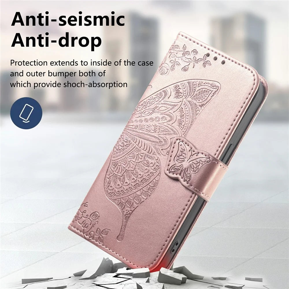 For Nothing Phone (3a) Lite 5G Case with Strap Butterfly Pattern PU Leather Wallet Phone Cover - Rose Gold - 7