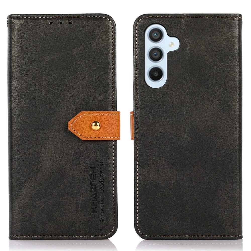 KHAZNEH For Samsung Galaxy A54 5G Anti-drop Phone Case, Cowhide Texture PU Leather Gold Buckle Folio Flip Phone Cover with Stand Wallet - Black - 1