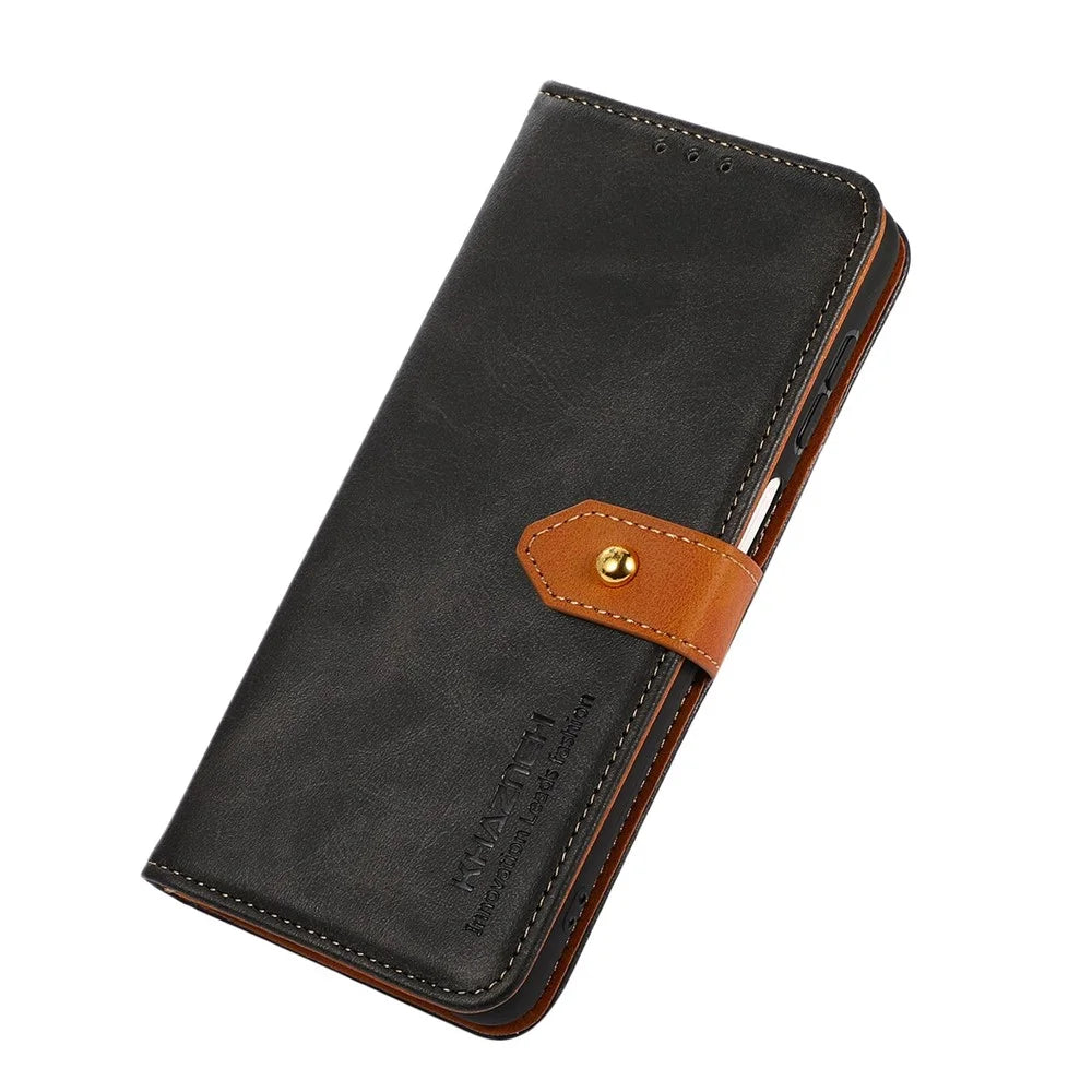 KHAZNEH For Samsung Galaxy A54 5G Anti-drop Phone Case, Cowhide Texture PU Leather Gold Buckle Folio Flip Phone Cover with Stand Wallet - Black - 4
