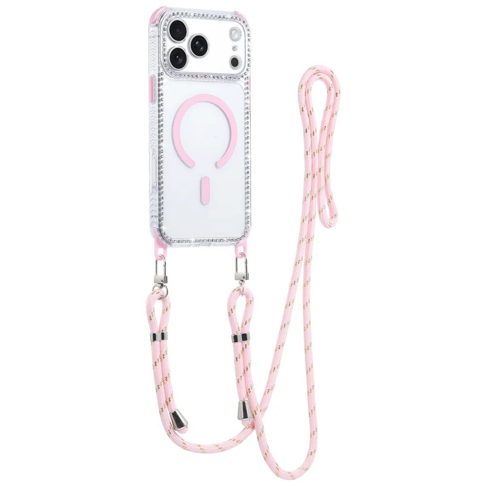 For iPhone 18 Pro Max / 17 Pro Max Magnetic Case Diamond Edge Design Clear Cover with 70-140cm Adjustable Lanyard Compatible with Magsafe - Pink - 1