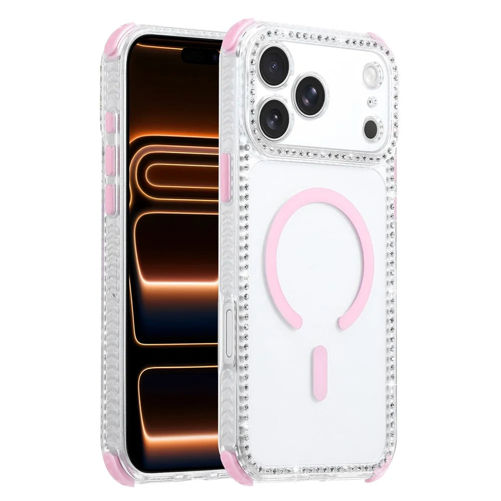 For iPhone 18 Pro Max / 17 Pro Max Magnetic Case Diamond Edge Design Clear Cover with 70-140cm Adjustable Lanyard Compatible with Magsafe - Pink - 2