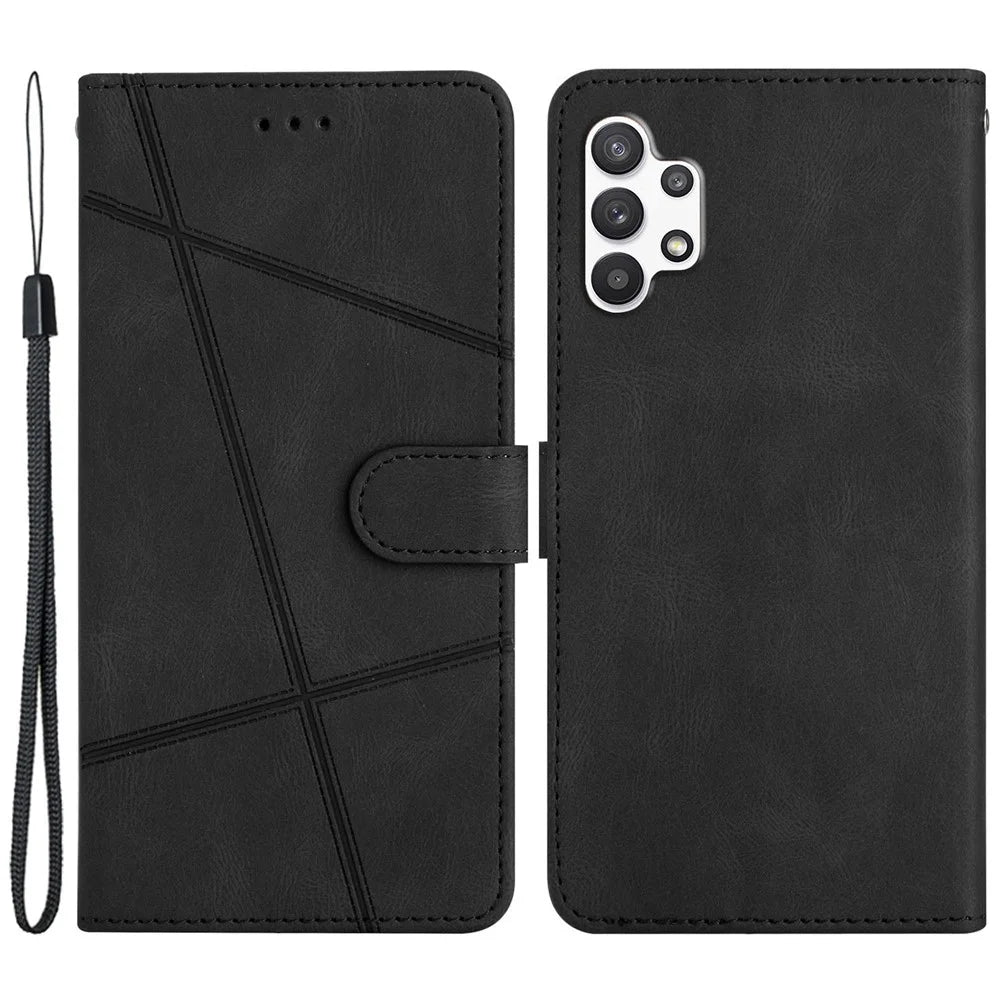 For Samsung Galaxy A32 5G / M32 5G Imprinted Lines PU Leather Phone Cover Magnetic Closure Stand Crazy Horse Texture Protective Flip Wallet Case with Strap - Black - 1