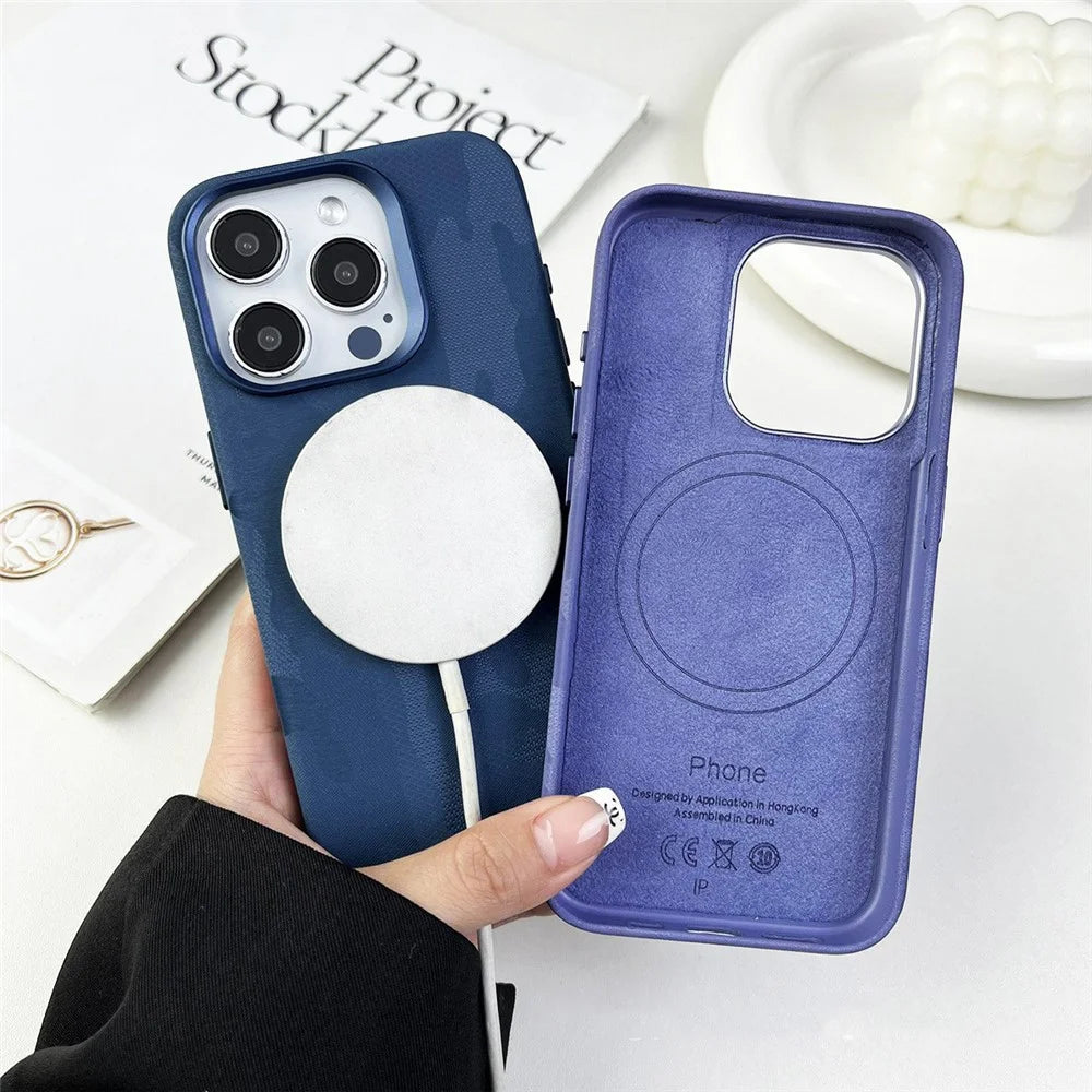 For iPhone 17 Pro Max Magnetic Case Luxury Camouflage PC PU Leather Shockproof Cover Compatible with Magsafe - Army Green - 3