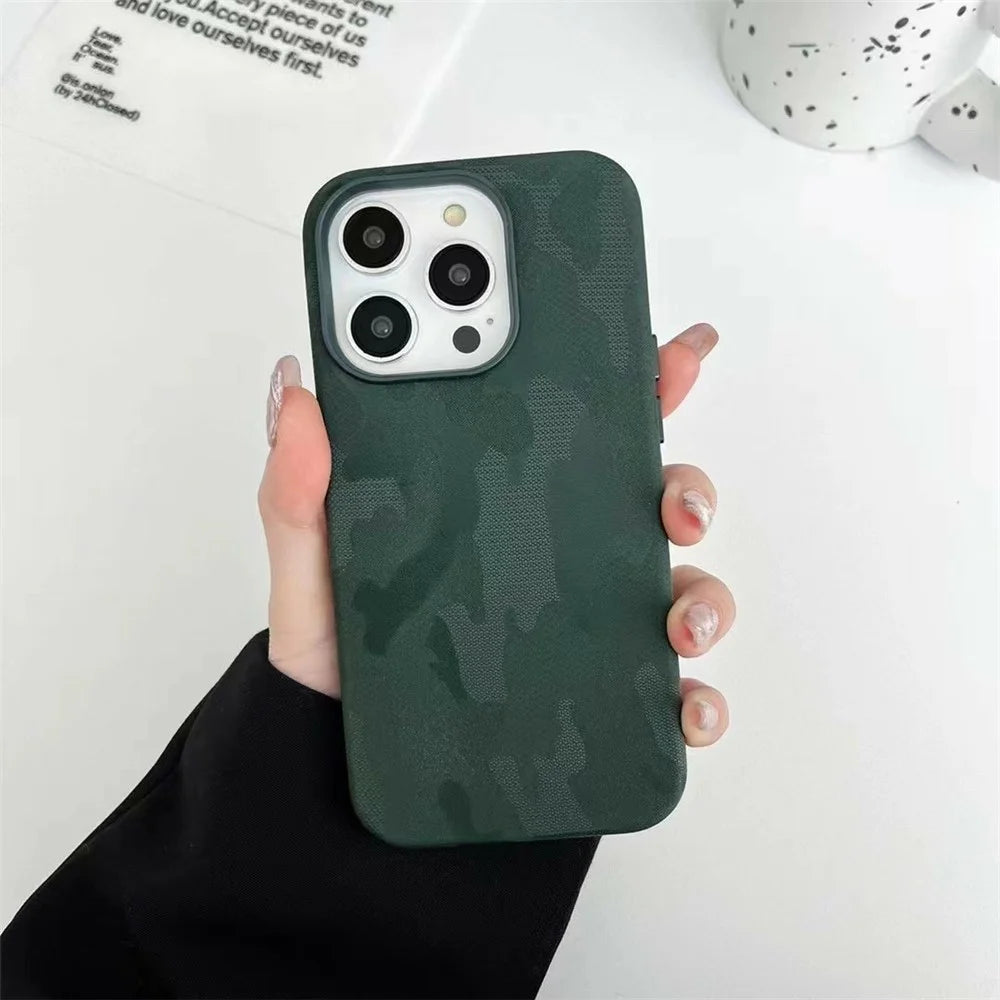 For iPhone 15 Pro Magnetic Case Luxury Camouflage PC PU Leather Shockproof Cover Compatible with Magsafe - Army Green - 2