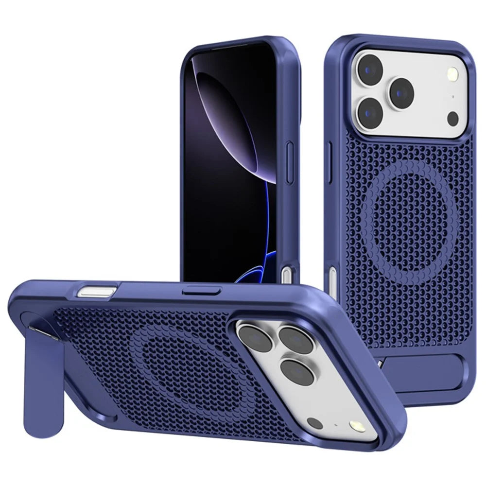 For iPhone 17 Pro Case Hollow Heat Dissipation Back Cover Kickstand Compatible with MagSafe - Sapphire - 1